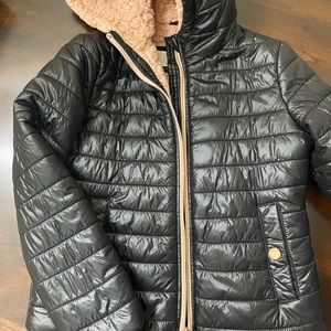 Girls Black Michael Kory coat with pink fleece lining. Size 7/8.